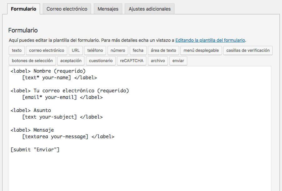 Configurador de formulario de Contact Form 7