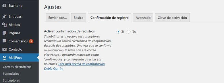 Confirmación registro de MailPoet 3