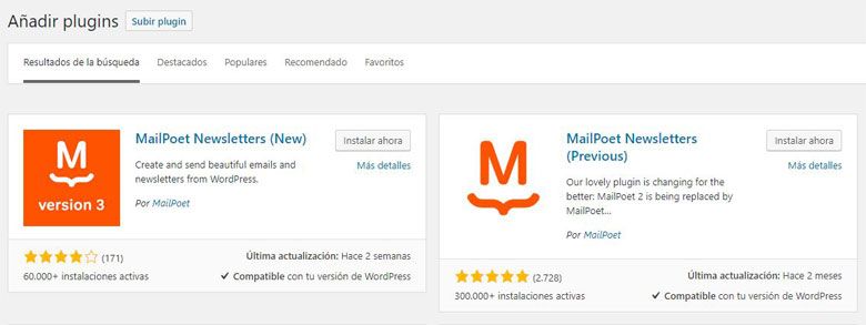 Dos versiones de MailPoet en el repositorio de WordPress