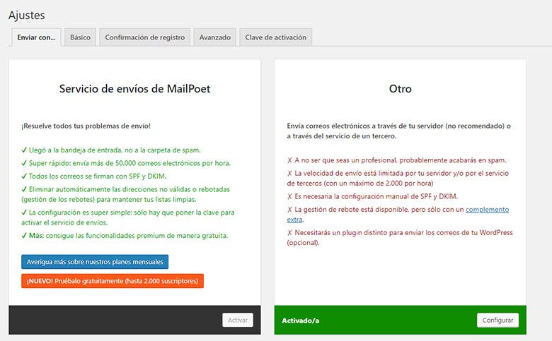 Ajustes de MailPoet 3, Enviar con