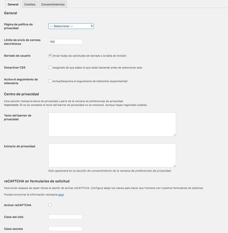 Ajustes generales plugin RGPD