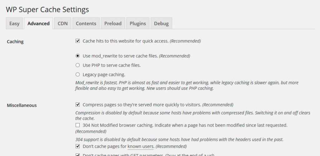 Opciones de WP Super Cache