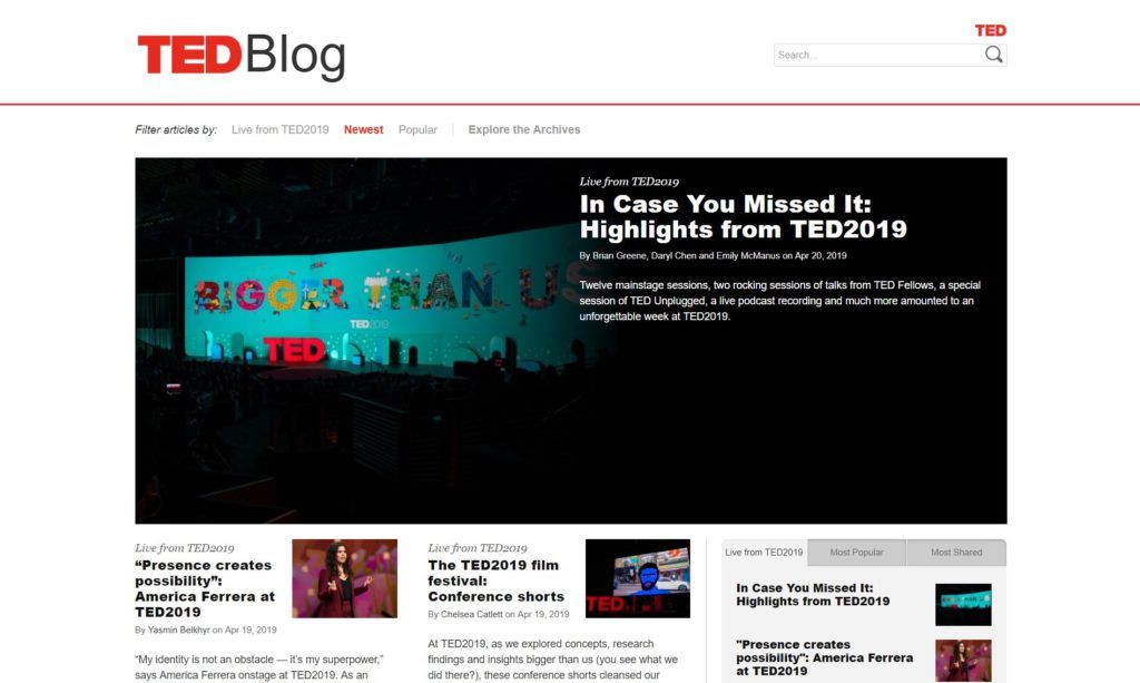 TED blog, blog-like website made with WordPress