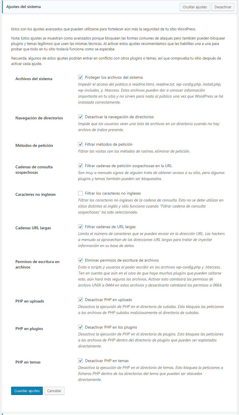 ajustes del sistema