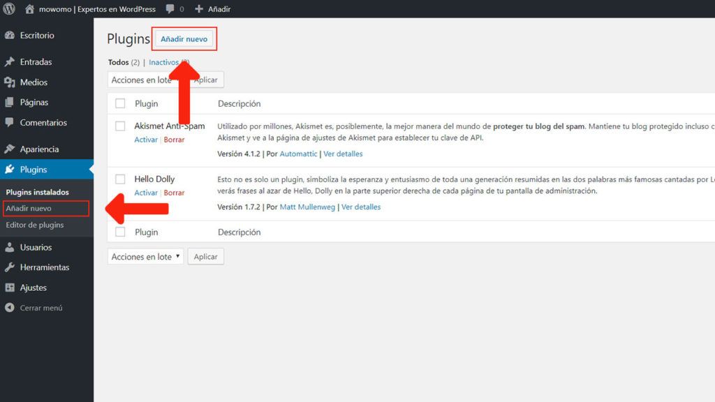 Botones para añadir un nuevo plugin en WordPress