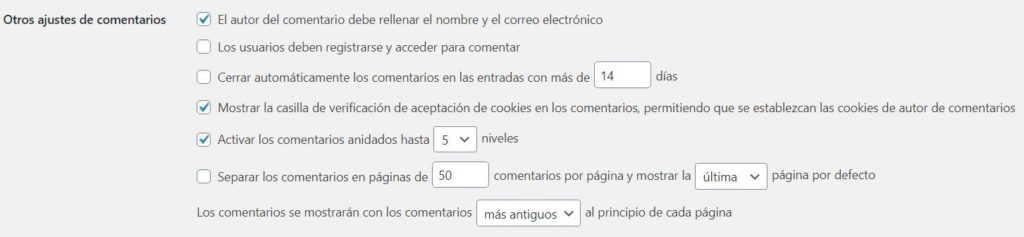 Otros ajustes de comentarios