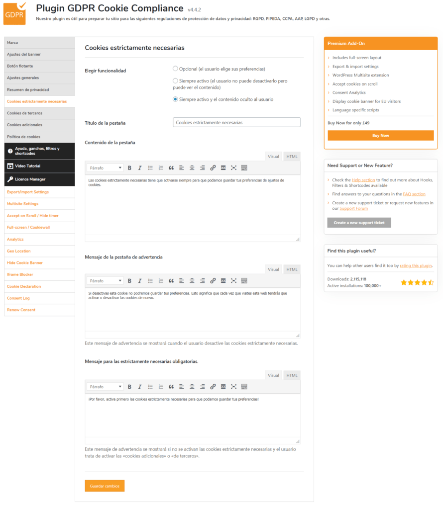 Cookies estrictas necesarias en GDPR Cookie Compliance