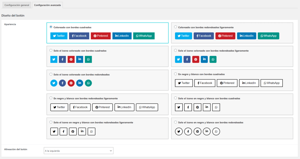 Cómo compartir las entradas en redes sociales, ajustes de apariencia en mowomo Social Share