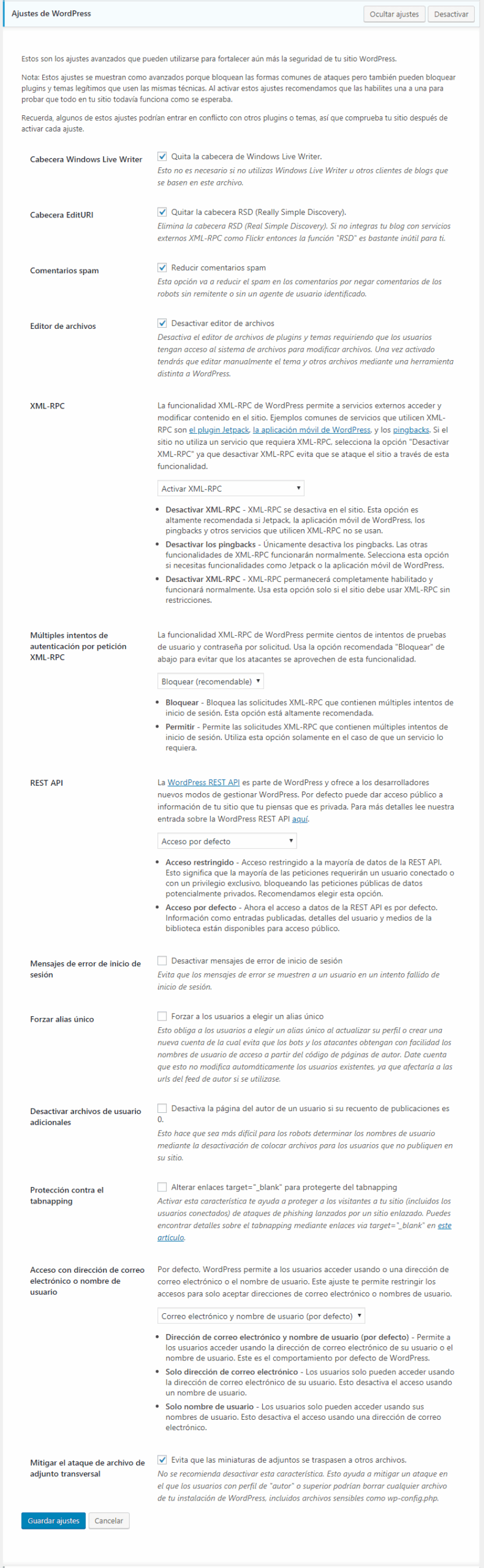 ajustes wordpress