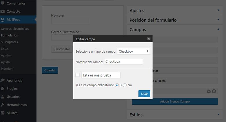 Añadir checkbox en MailPoet 3