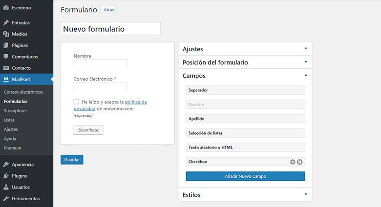 crear un formulario en Mailpoet