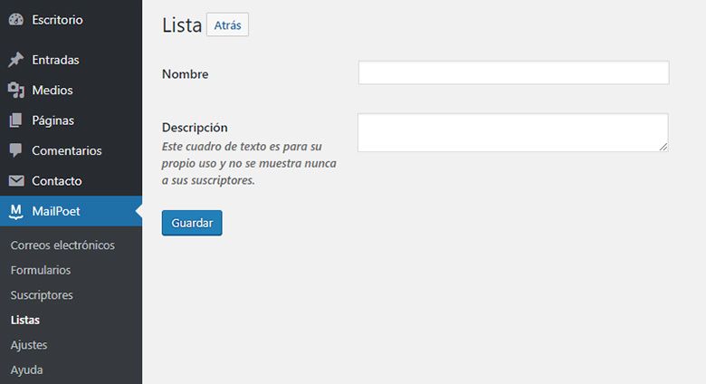 Crear nueva lista MailPoet 3